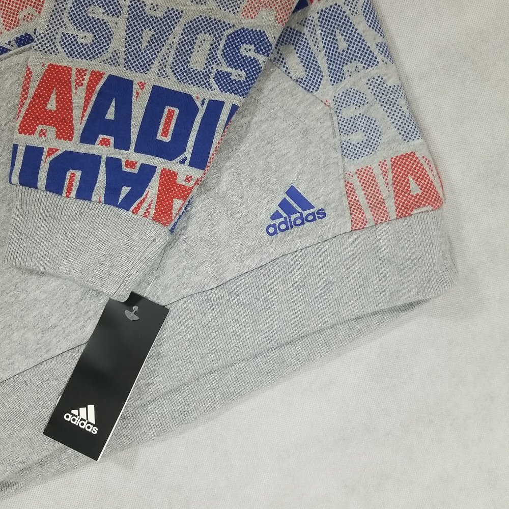 Adidas Boys Size Large Hooded Sweatshirt Pullover Grey Pockets Drawstring Logo - Picture 2 of 4
